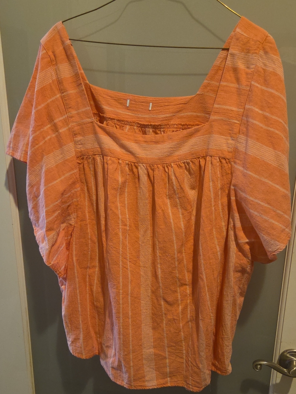 Women's Square-Neck Peasant Top in Peach Stripe